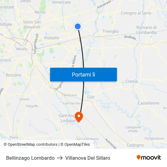 Bellinzago Lombardo to Villanova Del Sillaro map