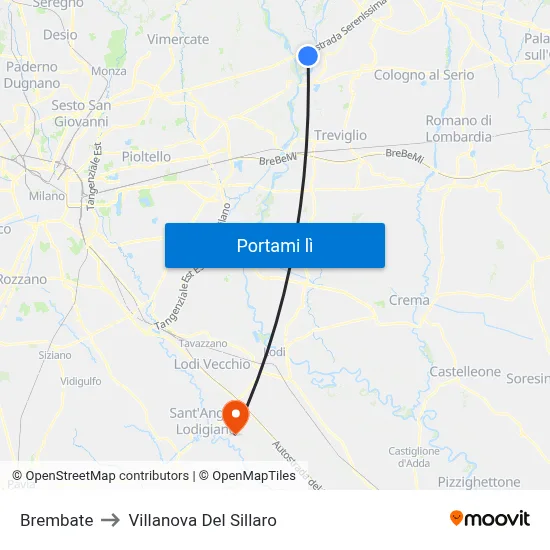 Brembate to Villanova Del Sillaro map
