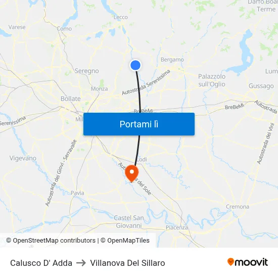 Calusco D' Adda to Villanova Del Sillaro map
