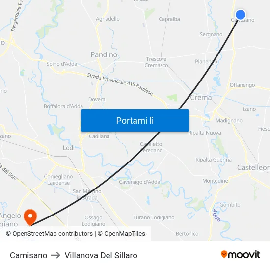Camisano to Villanova Del Sillaro map