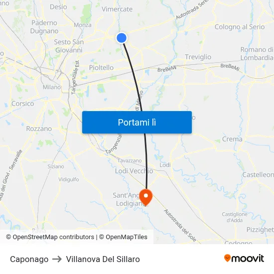 Caponago to Villanova Del Sillaro map