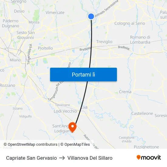 Capriate San Gervasio to Villanova Del Sillaro map