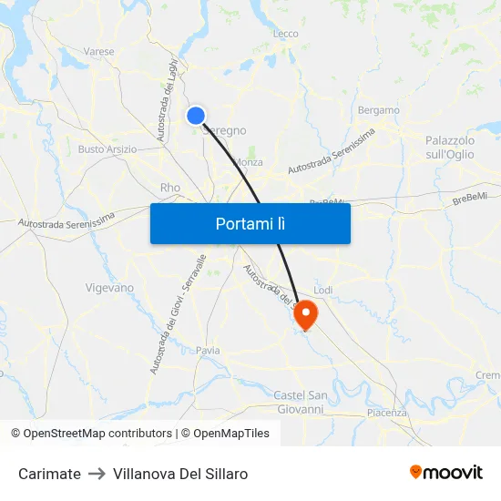 Carimate to Villanova Del Sillaro map