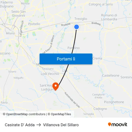 Casirate D' Adda to Villanova Del Sillaro map