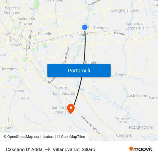 Cassano D' Adda to Villanova Del Sillaro map