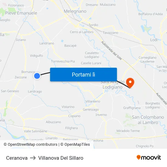 Ceranova to Villanova Del Sillaro map