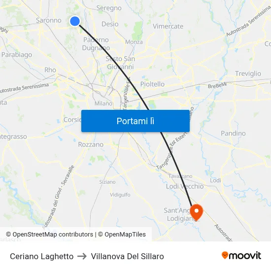 Ceriano Laghetto to Villanova Del Sillaro map