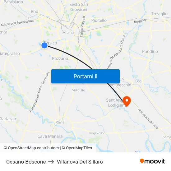 Cesano Boscone to Villanova Del Sillaro map