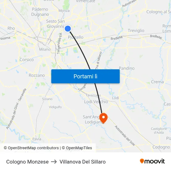 Cologno Monzese to Villanova Del Sillaro map