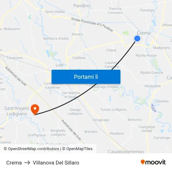 Crema to Villanova Del Sillaro map