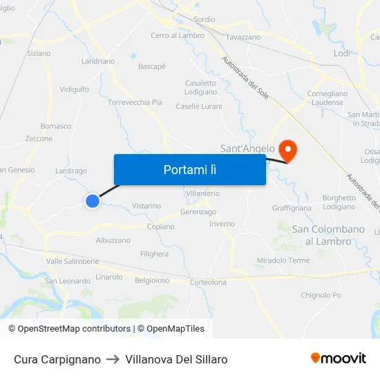 Cura Carpignano to Villanova Del Sillaro map