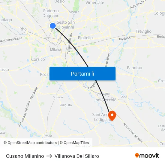 Cusano Milanino to Villanova Del Sillaro map