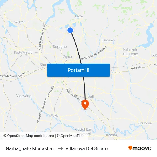 Garbagnate Monastero to Villanova Del Sillaro map