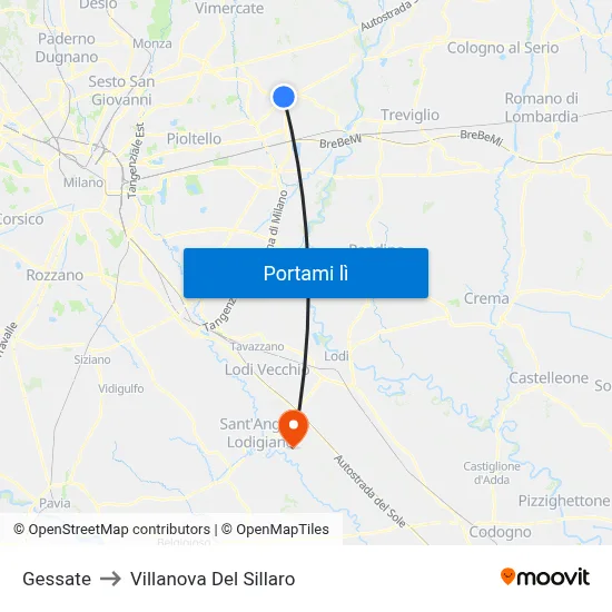 Gessate to Villanova Del Sillaro map