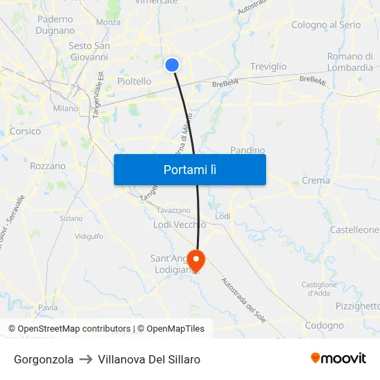 Gorgonzola to Villanova Del Sillaro map