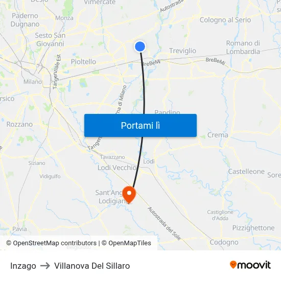 Inzago to Villanova Del Sillaro map