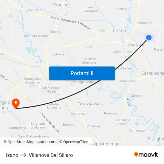 Izano to Villanova Del Sillaro map