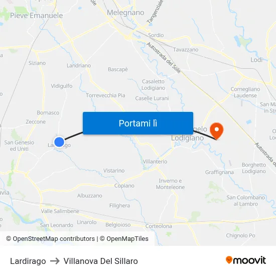 Lardirago to Villanova Del Sillaro map