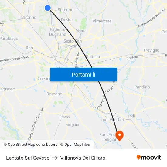 Lentate Sul Seveso to Villanova Del Sillaro map