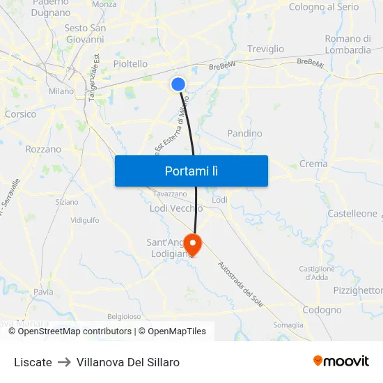 Liscate to Villanova Del Sillaro map
