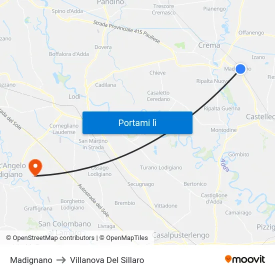 Madignano to Villanova Del Sillaro map