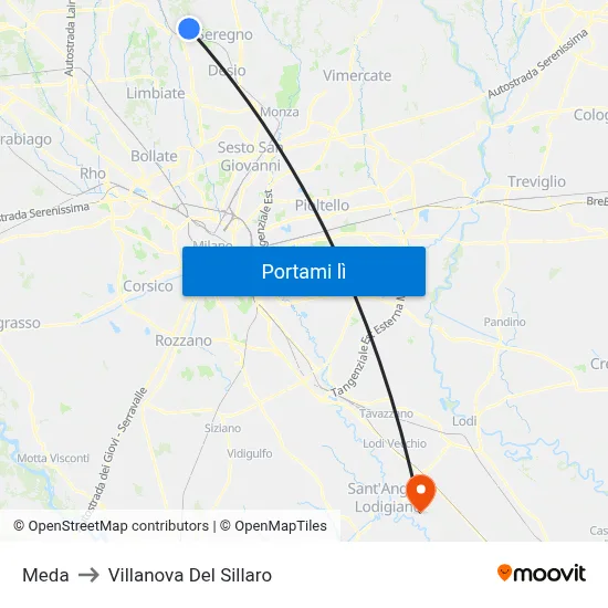 Meda to Villanova Del Sillaro map