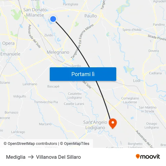 Mediglia to Villanova Del Sillaro map