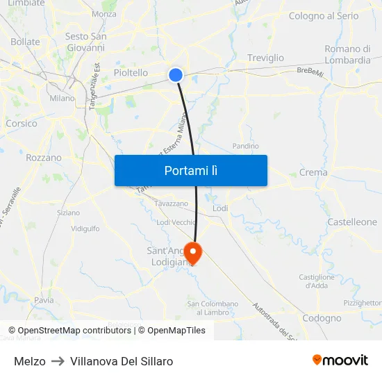 Melzo to Villanova Del Sillaro map
