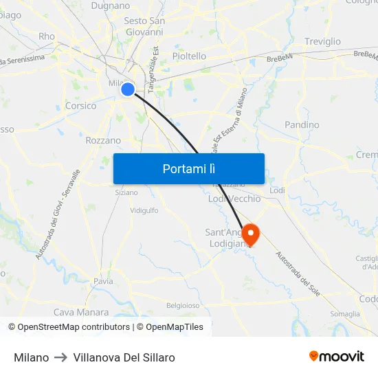 Milano to Villanova Del Sillaro map