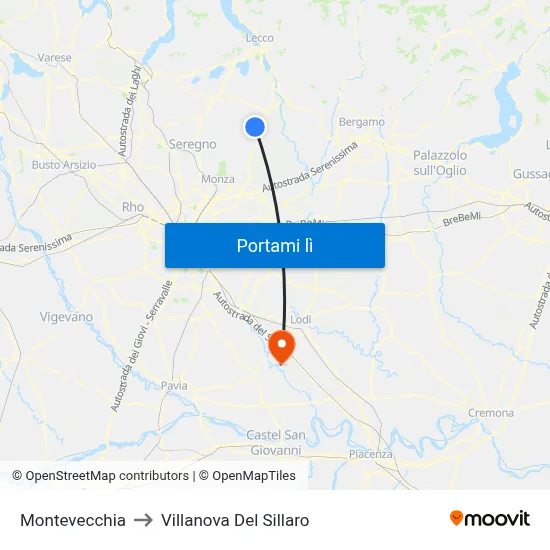 Montevecchia to Villanova Del Sillaro map