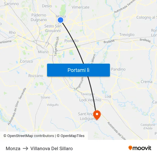 Monza to Villanova Del Sillaro map