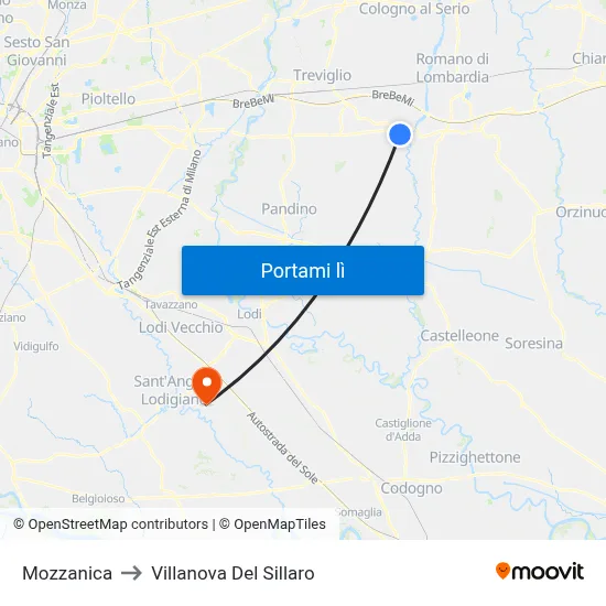 Mozzanica to Villanova Del Sillaro map