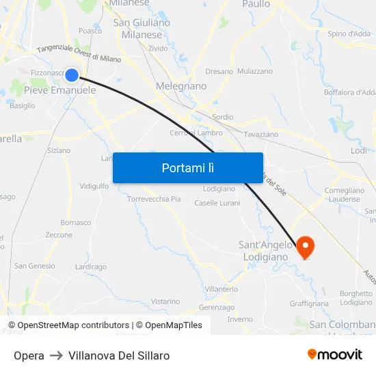 Opera to Villanova Del Sillaro map