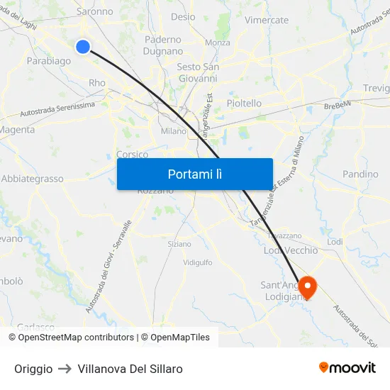 Origgio to Villanova Del Sillaro map