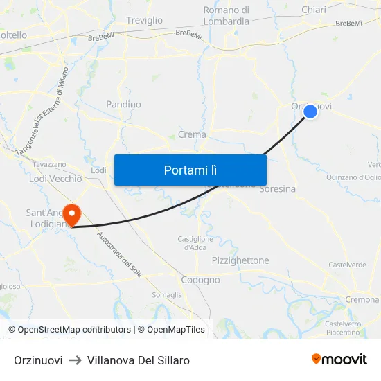 Orzinuovi to Villanova Del Sillaro map