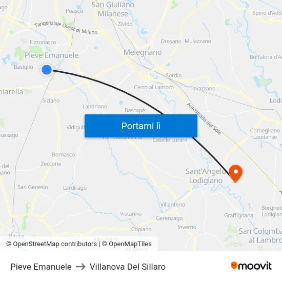 Pieve Emanuele to Villanova Del Sillaro map