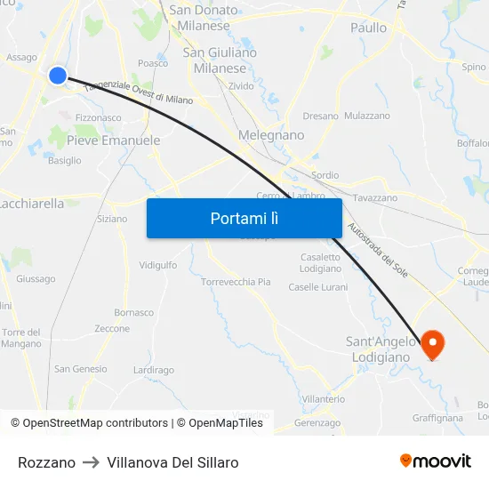 Rozzano to Villanova Del Sillaro map