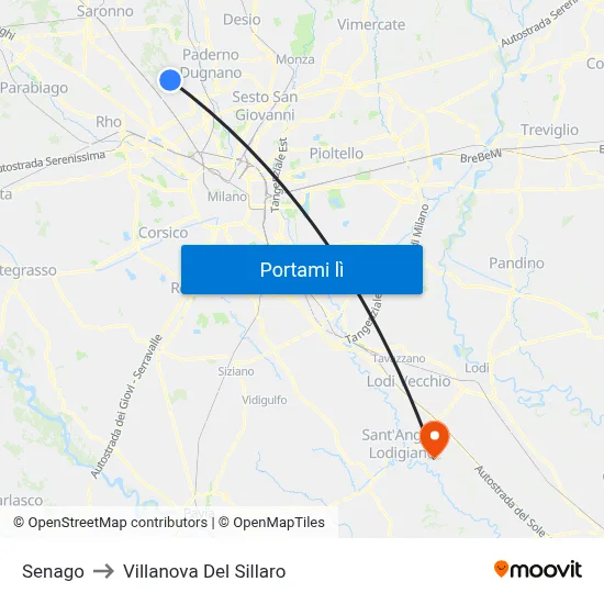 Senago to Villanova Del Sillaro map