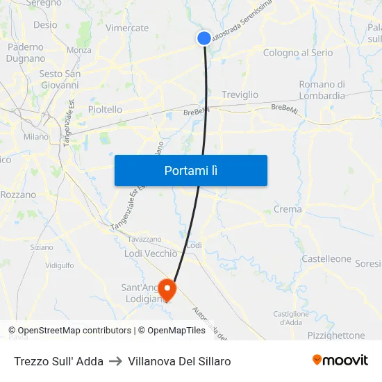 Trezzo Sull' Adda to Villanova Del Sillaro map