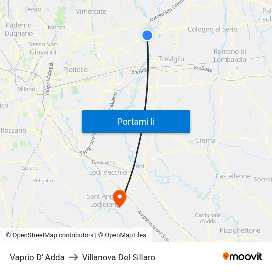 Vaprio D' Adda to Villanova Del Sillaro map