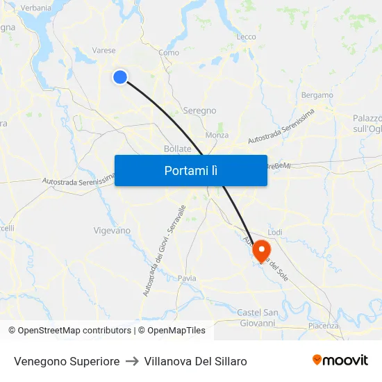 Venegono Superiore to Villanova Del Sillaro map