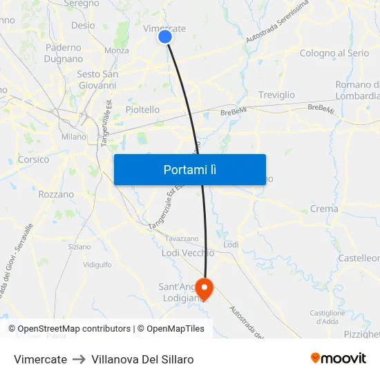 Vimercate to Villanova Del Sillaro map