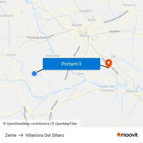 Zeme to Villanova Del Sillaro map