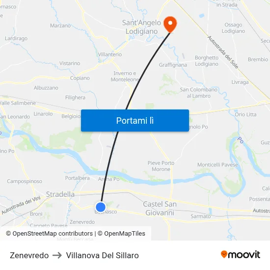 Zenevredo to Villanova Del Sillaro map