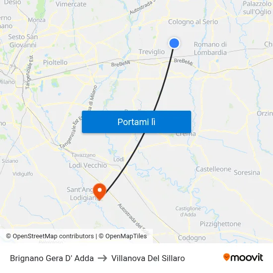 Brignano Gera D' Adda to Villanova Del Sillaro map