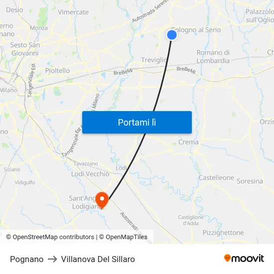 Pognano to Villanova Del Sillaro map