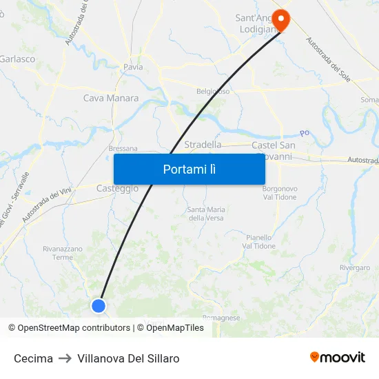 Cecima to Villanova Del Sillaro map