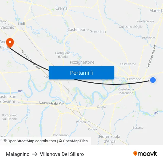 Malagnino to Villanova Del Sillaro map