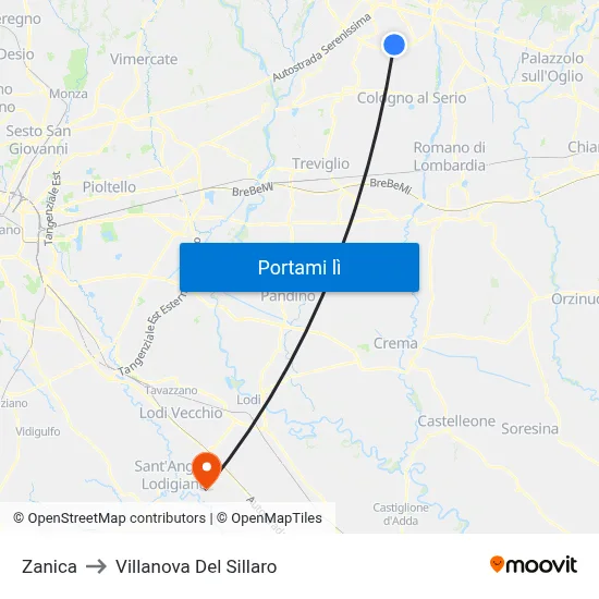 Zanica to Villanova Del Sillaro map