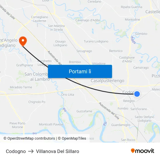 Codogno to Villanova Del Sillaro map